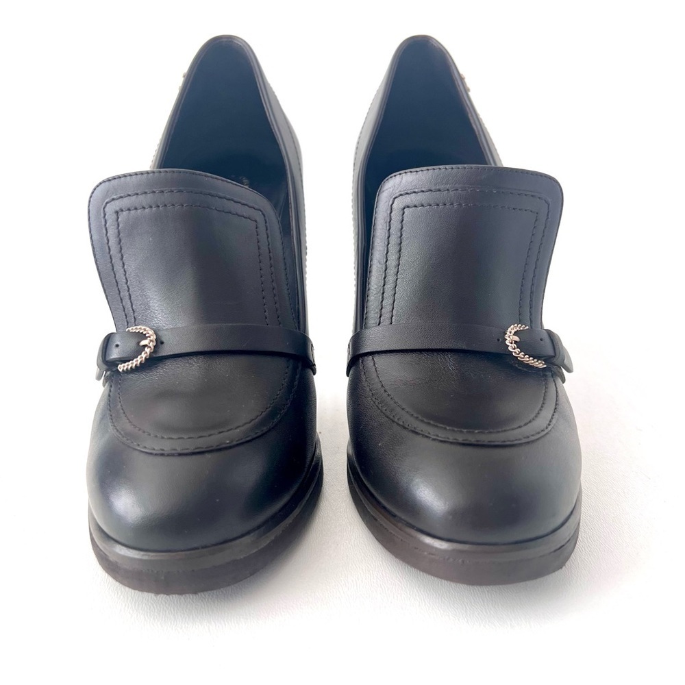 CHANEL || Dark Brown High Heel Loafer Pumps CC Logo Buckle Size EU 39 - Picture 5 of 16